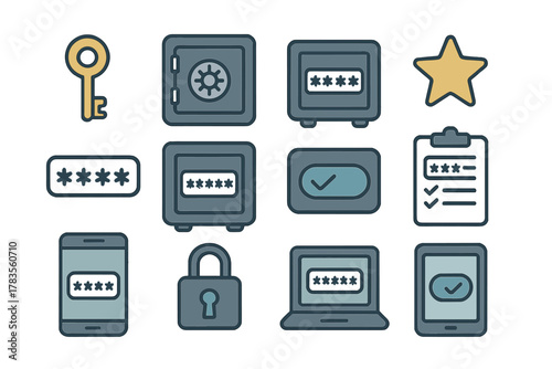 Digital security and authentication symbols featuring passwords, locks, and safes