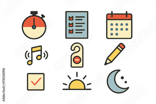 Set of daily routine and time management icons covering scheduling, tasks, and activities