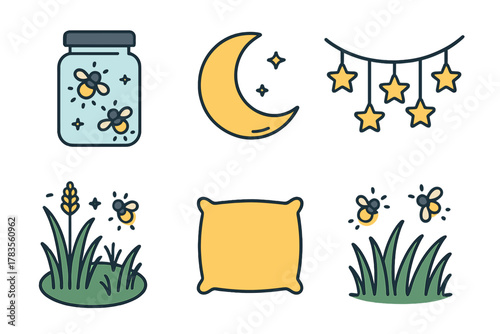 Summer night elements set with fireflies in jar, crescent moon, and star garland lights