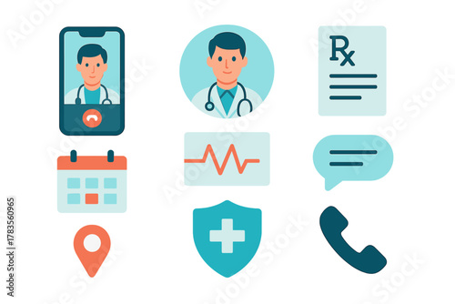 Telemedicine online doctor consultation service icons including appointment calendar, prescription, and health monitoring symbols