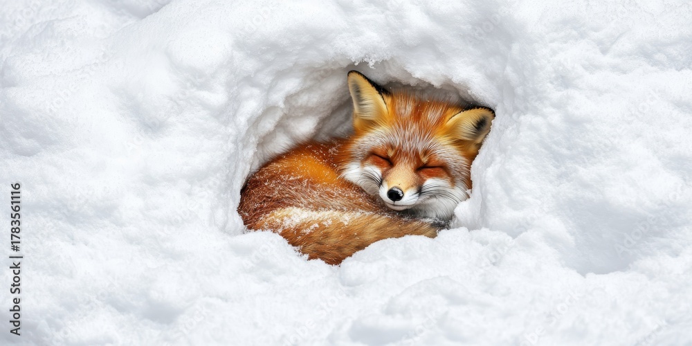 Fototapeta premium Peaceful Red Fox Asleep in a Winter Snow Hideaway