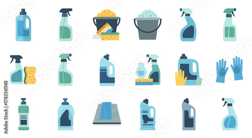 A comprehensive collection of household cleaning supplies icons.