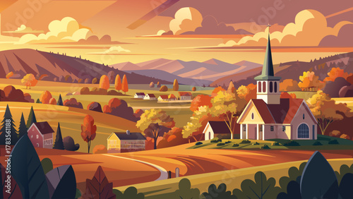 Very beautiful sunset view of the small town and Church of Groton in Groton, Massachusetts, USA, featuring warm golden light over open farmland, tree-lined hills, and a peaceful realistic New England 