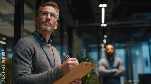 Thoughtful Middle-aged Man Wearing Glasses Gray Sweater Holding Clipboard in Modern Office