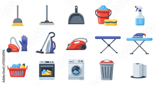 A comprehensive vector icon set of household cleaning and laundry equipment.