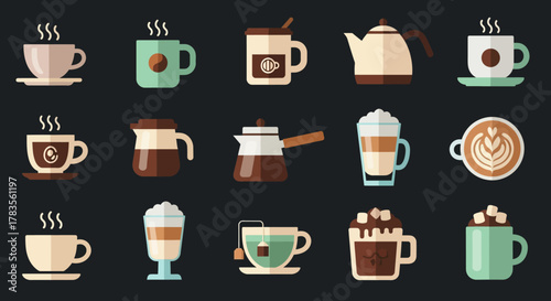 A delightful collection of various coffee and tea cups, mugs, and pots, showcasing a range of hot beverages in different styles and designs.