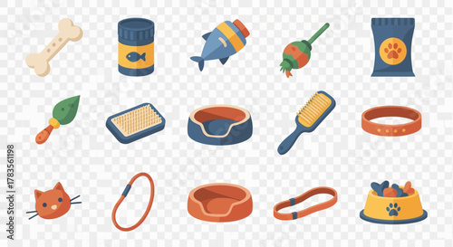 A comprehensive collection of pet care accessories and food items.