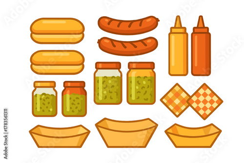 Set of stylized icons for hot dog ingredients and barbecue condiments