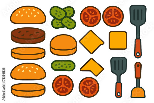 Set of stylized icons for hamburger components and cooking tools