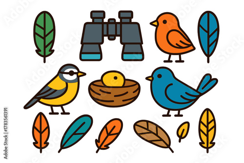 Vibrant bird watching symbols collection featuring binoculars and plumage details