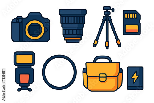 Professional photography equipment icons and essential camera accessories set