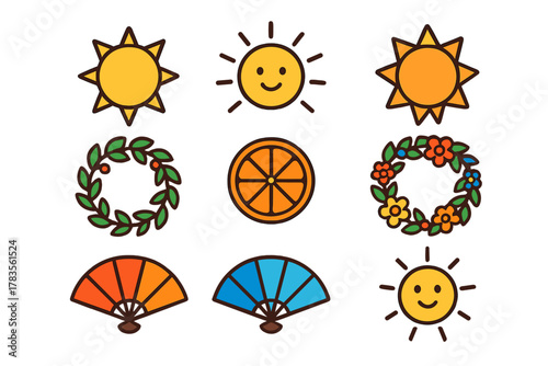 Colorful summer and nature icons featuring suns, wreaths, and folding fans