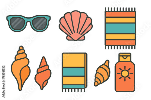 Colorful icons representing beach and summer vacation elements