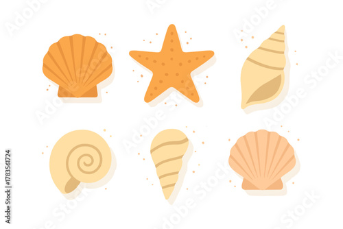 Collection of assorted seashells and starfish icons on white background