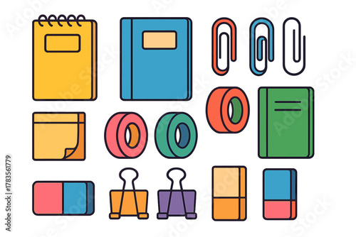 Colorful set of school stationery and supplies icons