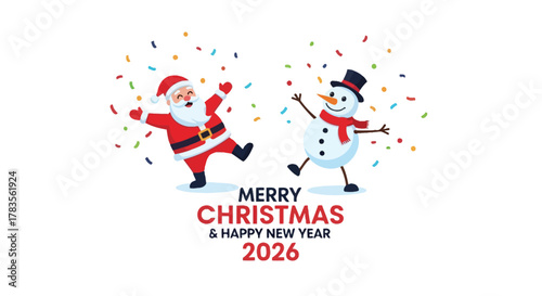 Joyful santa claus and snowman dancing with confetti celebrating merry christmas and happy new year 2026