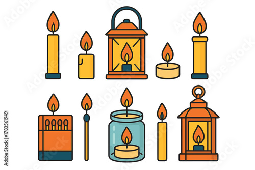 Various burning candles lanterns and matches icons collection