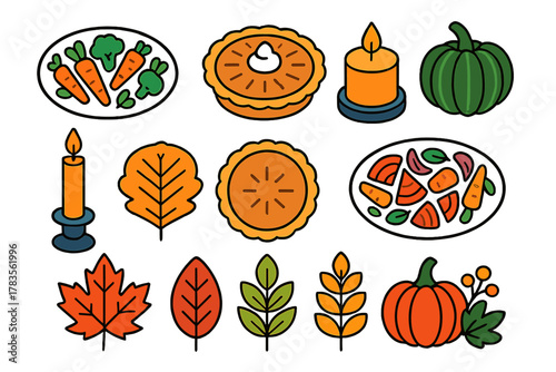 Seasonal autumn harvest food and colorful fall foliage icon collection