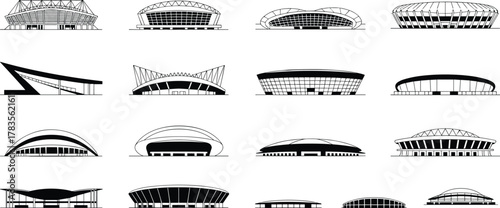 Stadium silhouette illustrations, black and white architecture, dome and angular designs, arena structures, public building styles, urban planning, sports venue concepts