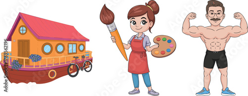Cartoon houseboat, girl painter, bodybuilder character, paintbrush, bicycles, fitness pose, vector 