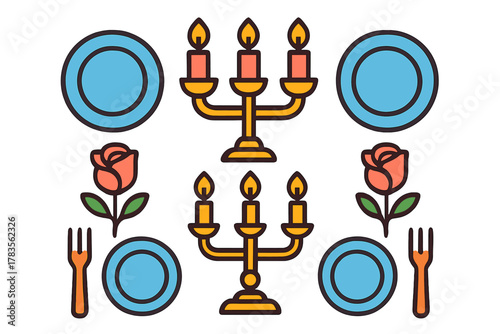 Symmetrical romantic dinner table setting with plates, roses, forks, and lit candelabras