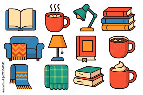 Cozy home relaxation objects including books hot drinks furniture and warm textiles