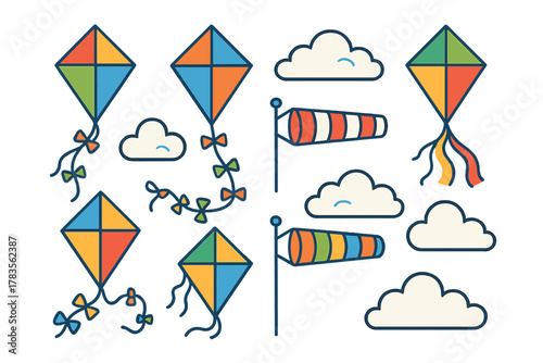 Colorful kites windsocks and clouds icon set for weather and outdoor activities