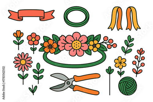 Set of floral elements, gardening tools, and decorative ribbons for spring craft designs