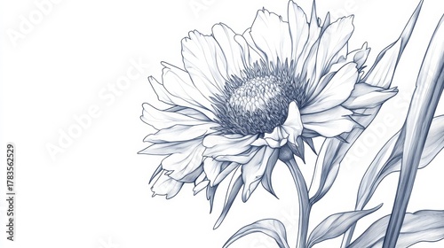Realistic Black and White Botanical Illustration of a Cornflower with Finely Detailed Petals and Leaves in Clean Lines