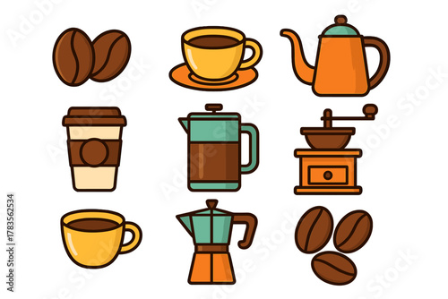 Colorful flat design collection of coffee beans cups pots grinder and brewing equipment
