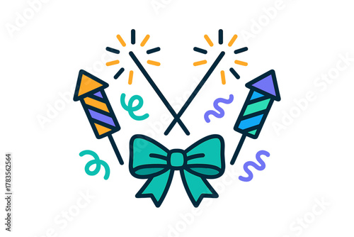 Colorful festive party elements including rockets sparklers ribbon bow and confetti streamers