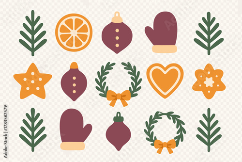 Cozy winter holiday symbols assortment featuring gingerbread, ornaments, mittens, and evergreen branches