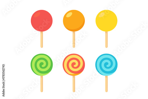 Set of six sweet colorful lollipops on wooden sticks with various flavors and patterns