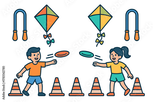 Boy and girl playing frisbee outdoors with kites, jump ropes, and traffic cones