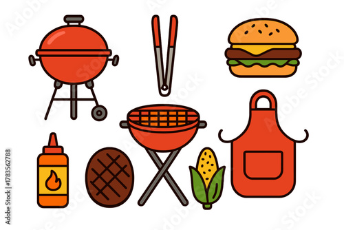 Assortment of outdoor grilling essentials featuring charcoal barbecue equipment and picnic meal ingredients
