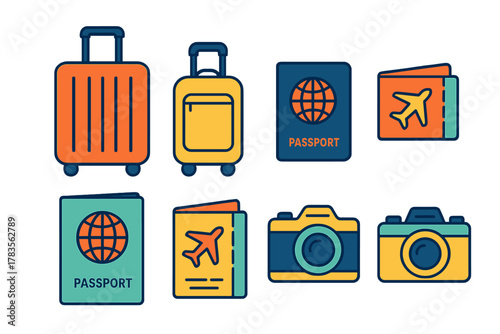 Colorful travel and vacation objects including rolling luggage, international passports, and digital cameras