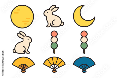 Traditional Japanese Tsukimi Moon viewing festival elements including rabbit, dango, and folding fans