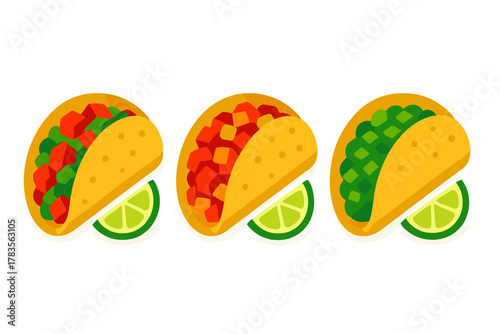 Three traditional Mexican hard shell tacos served in a row with fresh lime slices