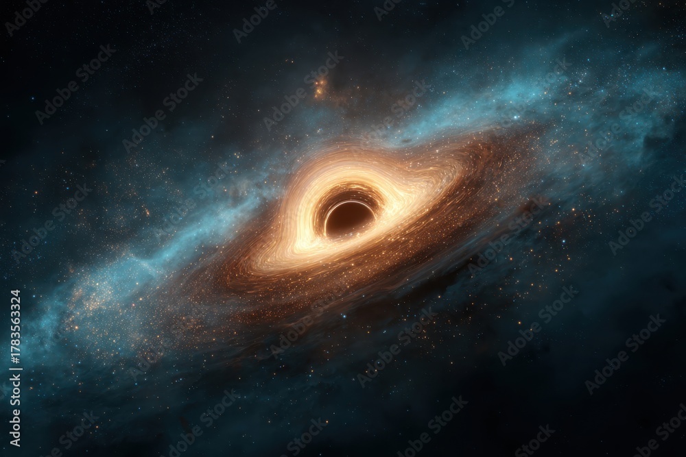 Fototapeta premium Majestic black hole surrounded by vibrant light and swirling gas clouds in a cosmic setting filled with stars and galaxies, showcasing deep blues, blacks, and bright orange-yellow highlights