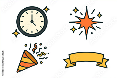 Colorful New Year celebration icons featuring countdown clock, exploding party popper, sparkle, and ribbon banner