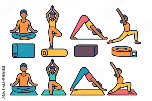 Yoga poses and fitness accessories set including mats, blocks, and straps