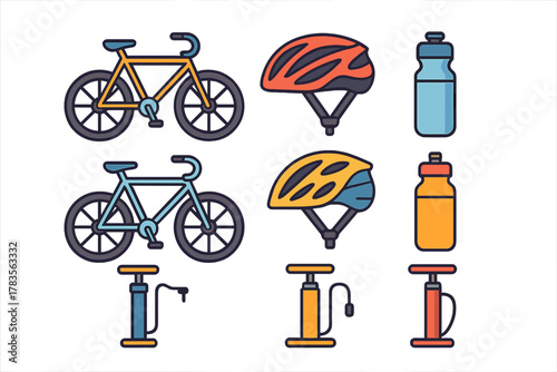 Colorful cycling equipment including bicycles, protective helmets, water bottles, and air pumps