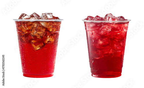 Refreshing Red Soda Drink with Ice Cubes in a Plastic Cup isolated on transparent background