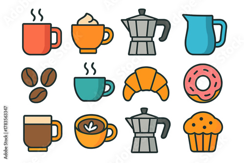 Colorful flat design icons set for coffee, breakfast, and brewing equipment