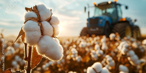 Ripe Cotton Bolls in Golden Field with Agricultural Machine at Sunset