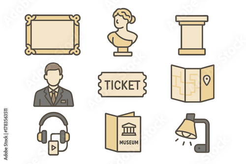 Set of museum and art gallery symbols showing ticket map statue frame and attendant