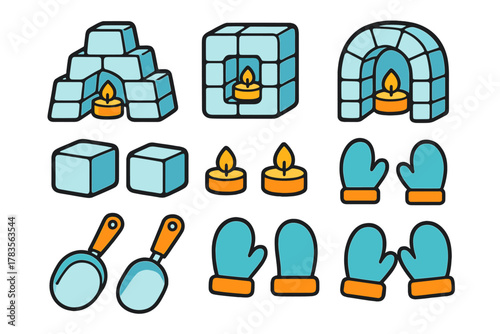 Colorful winter elements set featuring igloo houses, warm mittens, ice scoops, and burning candles