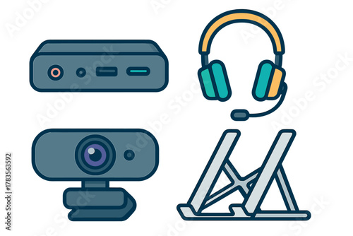 Essential computer peripherals setup featuring a webcam, headset, mini hub, and adjustable laptop stand
