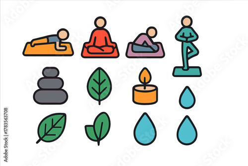 Set of yoga, meditation, and wellness icons with spa elements and natural symbols