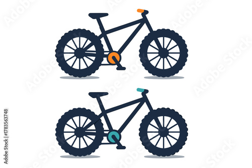 Stylized pair of dark mountain bikes with thick tires for off-road cycling and extreme sports